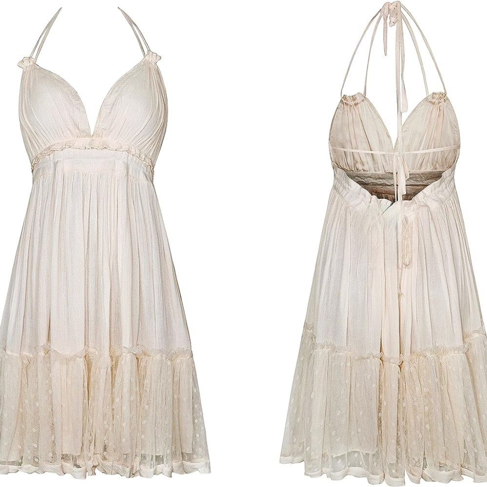 Backless Boho Beige-Cream Halter Dress with Ruffle Tulle Trim